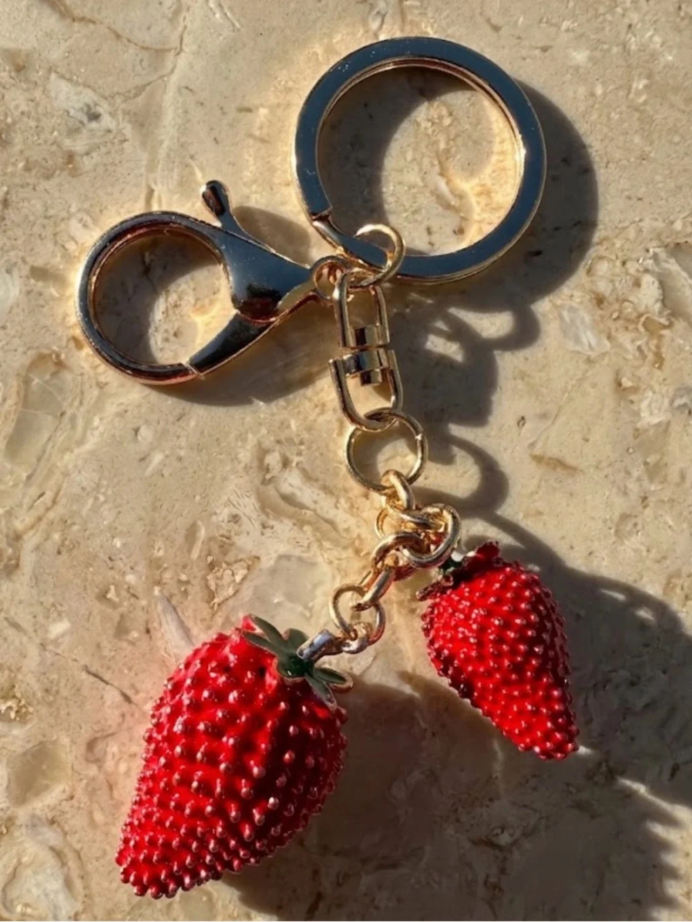 Gold Strawberry Keychain - Red Enamel Fruit Bag Charm Unbranded NWOT